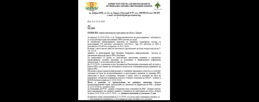 ОТНОСНО: грипна епидемия на територията на Област Добрич